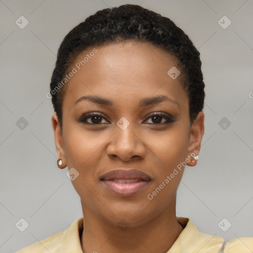 Joyful black young-adult female with short  brown hair and brown eyes