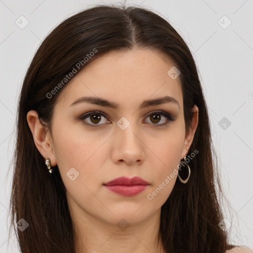 Neutral white young-adult female with long  brown hair and brown eyes