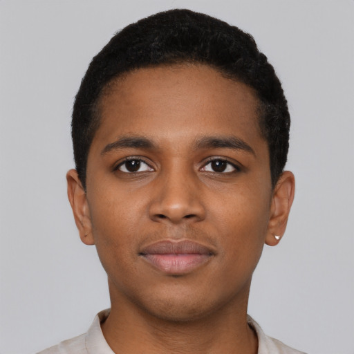Neutral black young-adult male with short  black hair and brown eyes
