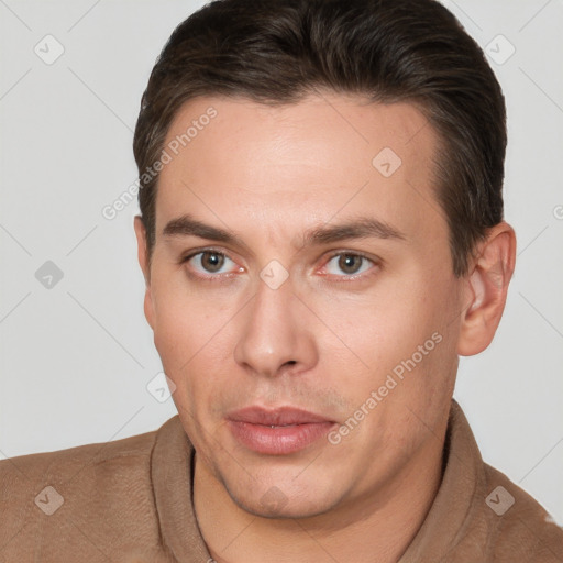 Neutral white young-adult male with short  brown hair and brown eyes