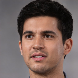 AI-generated white race male face with black hair, short length, and neutral expression
