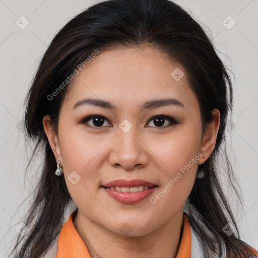 Joyful white young-adult female with medium  brown hair and brown eyes