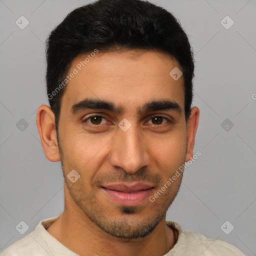 Joyful latino young-adult male with short  brown hair and brown eyes