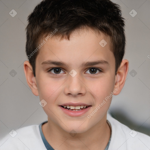 Joyful white child male with short  brown hair and brown eyes