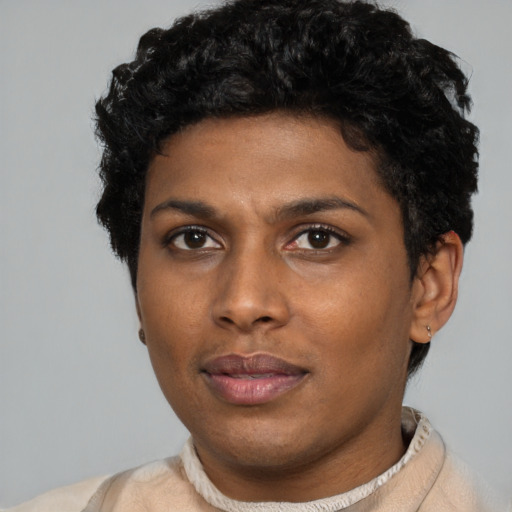 Neutral black young-adult female with short  black hair and brown eyes