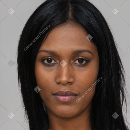 Neutral asian young-adult female with long  black hair and brown eyes