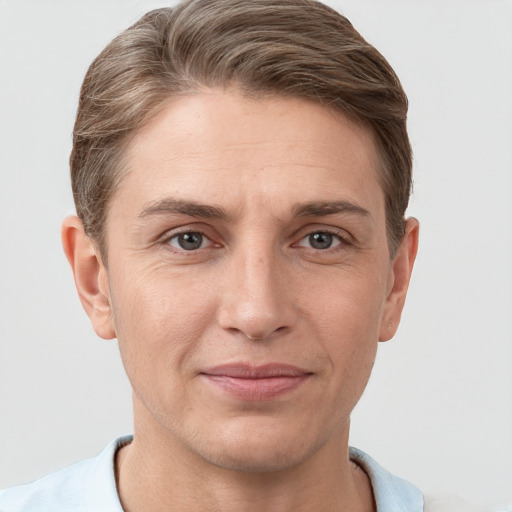 Joyful white adult male with short  brown hair and grey eyes