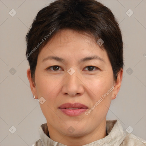 Joyful white adult female with short  brown hair and brown eyes