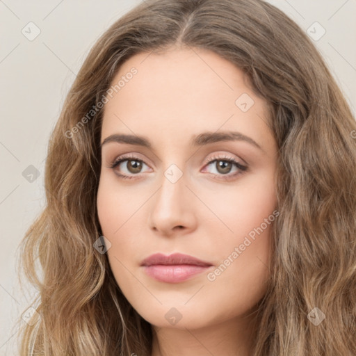 Neutral white young-adult female with long  brown hair and brown eyes