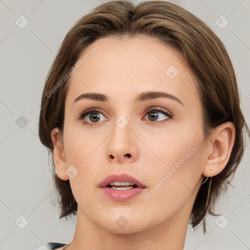 Neutral white young-adult female with medium  brown hair and brown eyes