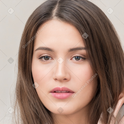 Neutral white young-adult female with long  brown hair and brown eyes