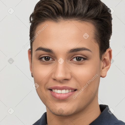 Joyful white young-adult female with short  brown hair and brown eyes