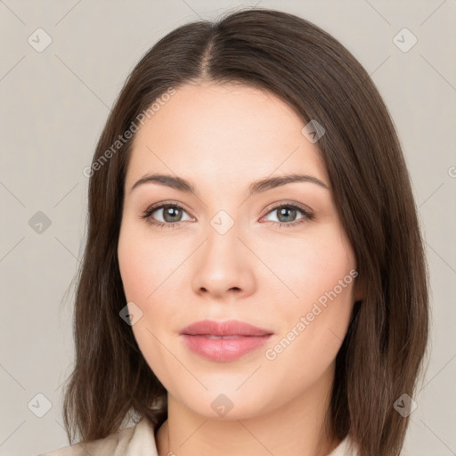 Neutral white young-adult female with medium  brown hair and brown eyes