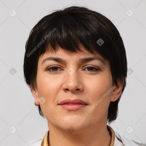 Joyful white young-adult female with medium  brown hair and brown eyes