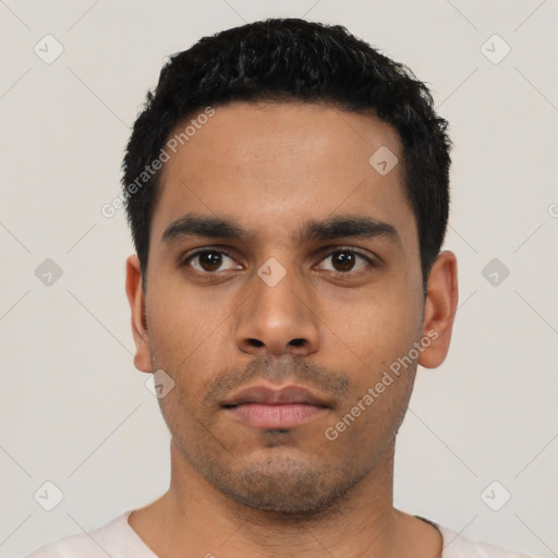 Neutral latino young-adult male with short  black hair and brown eyes