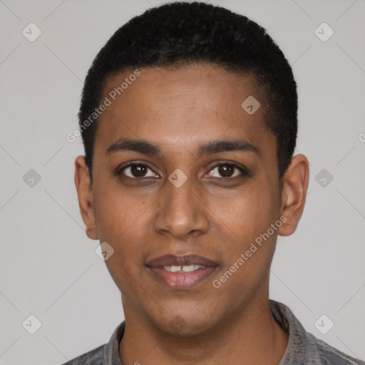 Joyful black young-adult male with short  black hair and brown eyes