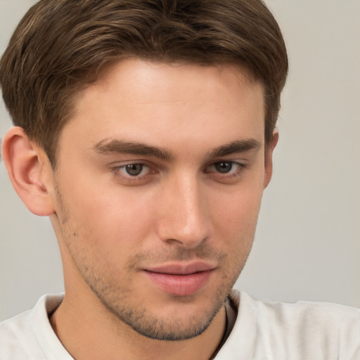 Neutral white young-adult male with short  brown hair and brown eyes