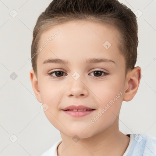 Joyful white child female with short  brown hair and brown eyes