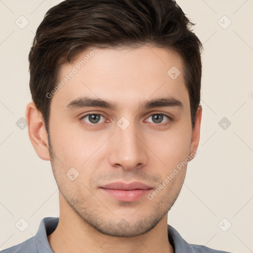 Neutral white young-adult male with short  brown hair and brown eyes