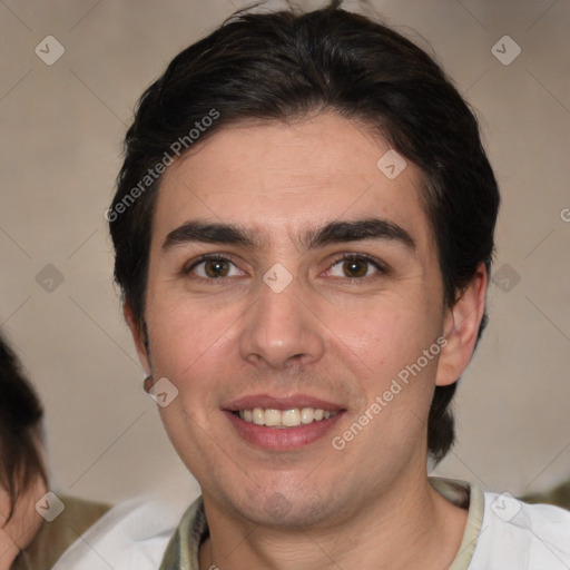 Joyful white young-adult male with medium  brown hair and brown eyes