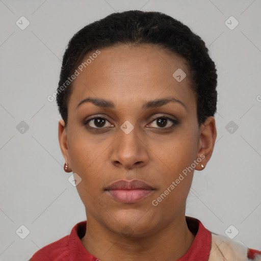 Neutral black young-adult female with short  black hair and brown eyes