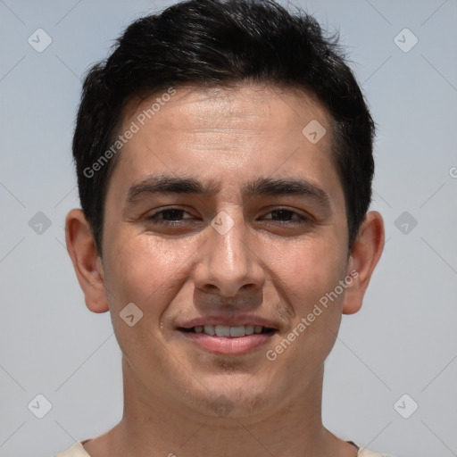 Joyful white young-adult male with short  brown hair and brown eyes