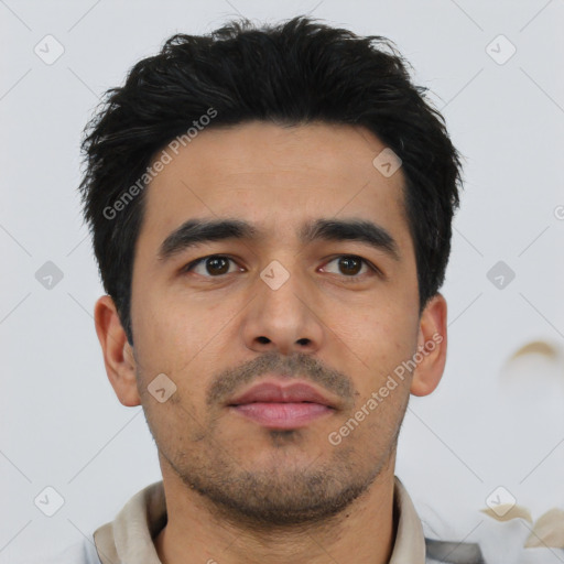 Neutral asian young-adult male with short  black hair and brown eyes