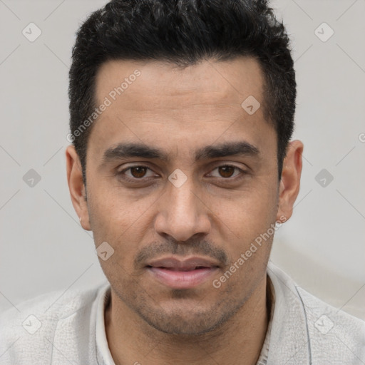 Joyful white young-adult male with short  black hair and brown eyes