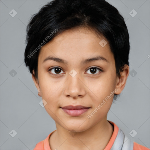 Joyful latino young-adult female with short  brown hair and brown eyes