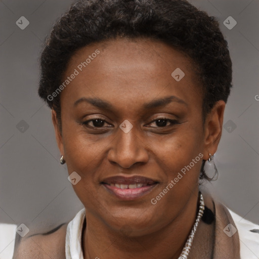Joyful black adult female with short  brown hair and brown eyes