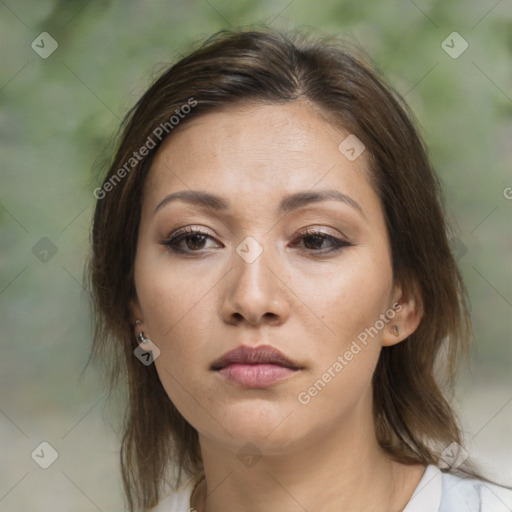 Neutral white young-adult female with medium  brown hair and brown eyes