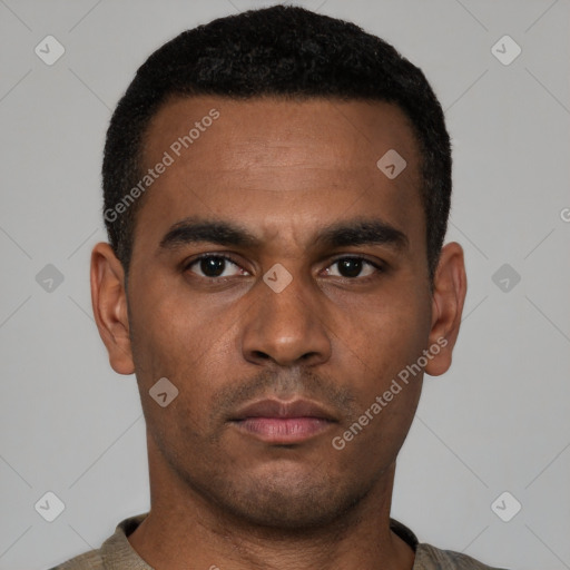 Neutral latino young-adult male with short  black hair and brown eyes