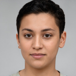 Neutral white young-adult female with short  brown hair and brown eyes