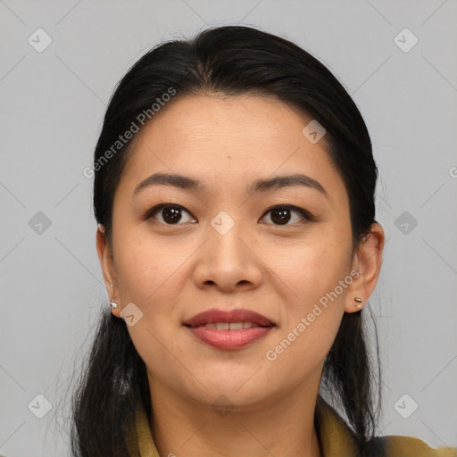 Joyful asian young-adult female with medium  brown hair and brown eyes