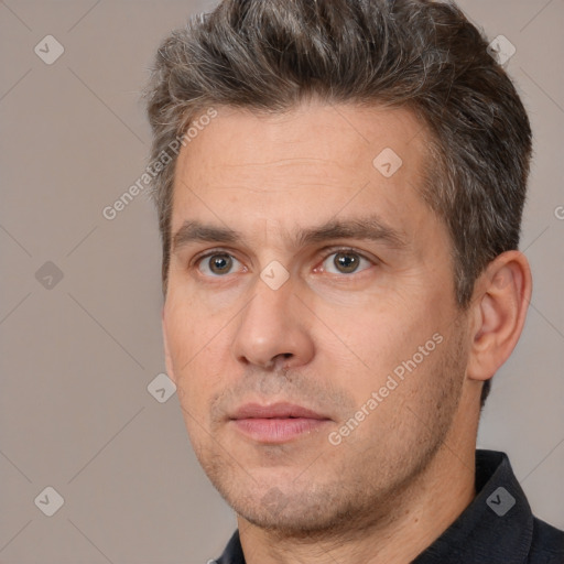 Neutral white adult male with short  brown hair and brown eyes