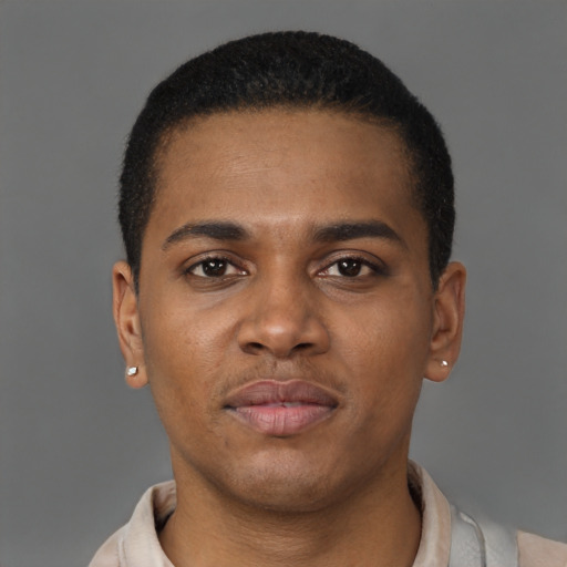 Neutral latino young-adult male with short  brown hair and brown eyes