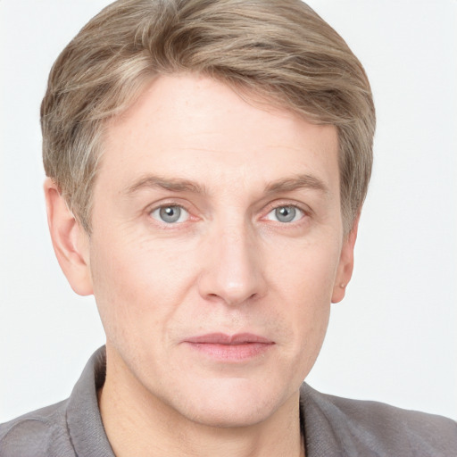 Neutral white adult male with short  brown hair and blue eyes