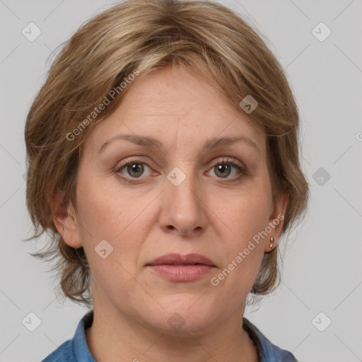 Joyful white adult female with medium  brown hair and grey eyes