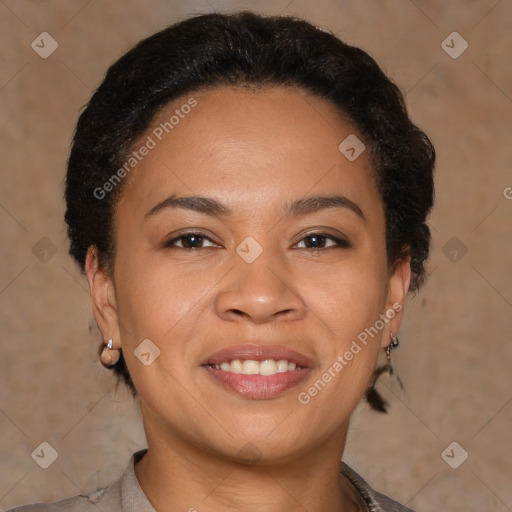 Joyful latino young-adult female with short  brown hair and brown eyes