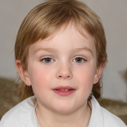 Neutral white child female with medium  brown hair and blue eyes