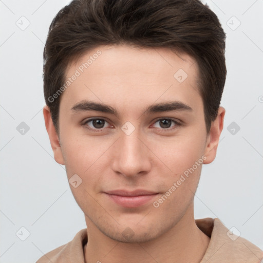 Neutral white young-adult male with short  brown hair and brown eyes