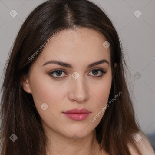 Neutral white young-adult female with long  brown hair and brown eyes