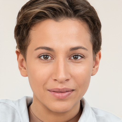 Joyful white young-adult female with short  brown hair and brown eyes