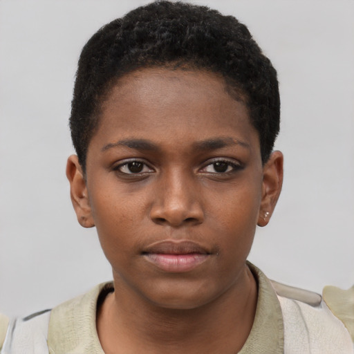 Neutral black young-adult female with short  brown hair and brown eyes