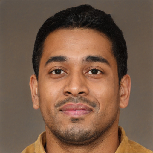 Neutral latino young-adult male with short  brown hair and brown eyes