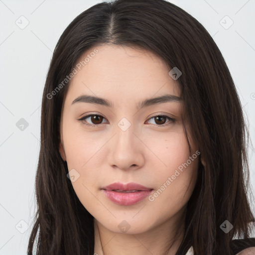 Neutral asian young-adult female with long  brown hair and brown eyes