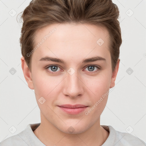 Joyful white young-adult female with short  brown hair and grey eyes