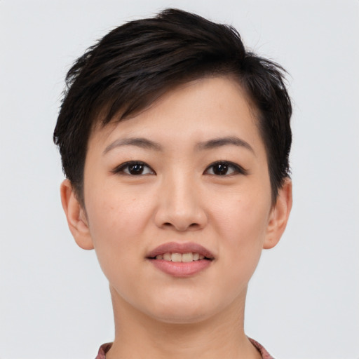 Joyful asian young-adult female with short  brown hair and brown eyes