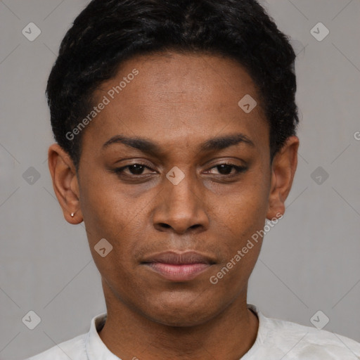 Neutral latino young-adult female with short  black hair and brown eyes