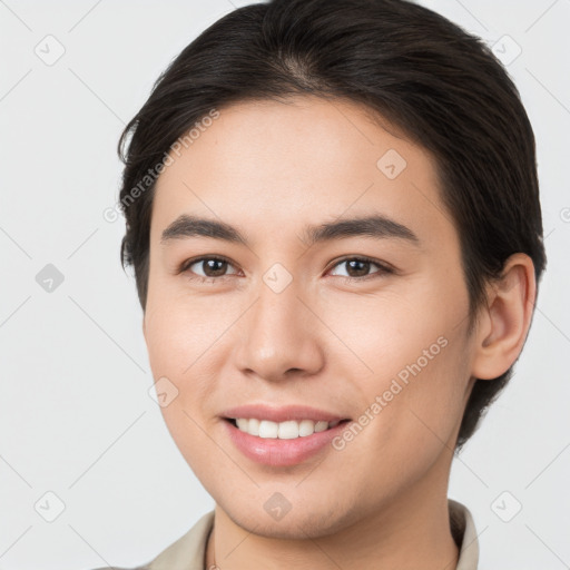 Joyful white young-adult female with short  brown hair and brown eyes